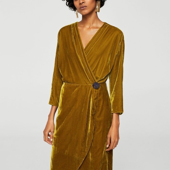 Mango Chartreuse Velvet Wrap Dress 